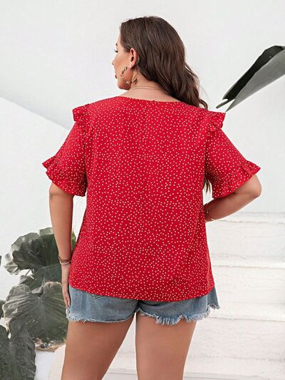Plus Size Printed Notched Flounce Sleeve Blouse BLUE ZONE PLANET