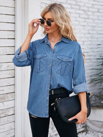Blue Zone Planet | Button Up Collared Neck Denim Jacket BLUE ZONE PLANET