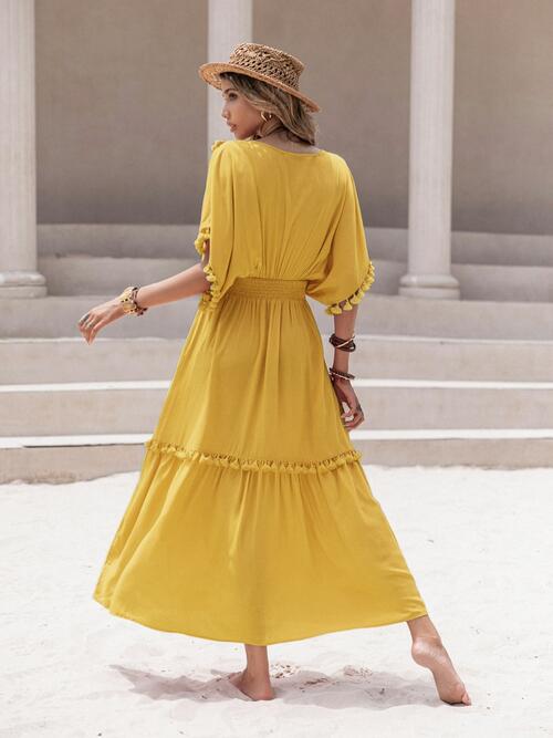Tassel Trim Smocked V-Neck Short Sleeve Dress BLUE ZONE PLANET