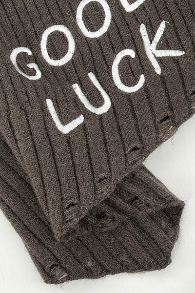 Blue Zone Planet | GOOD LUCK Distressed Off-Shoulder Sweater BLUE ZONE PLANET