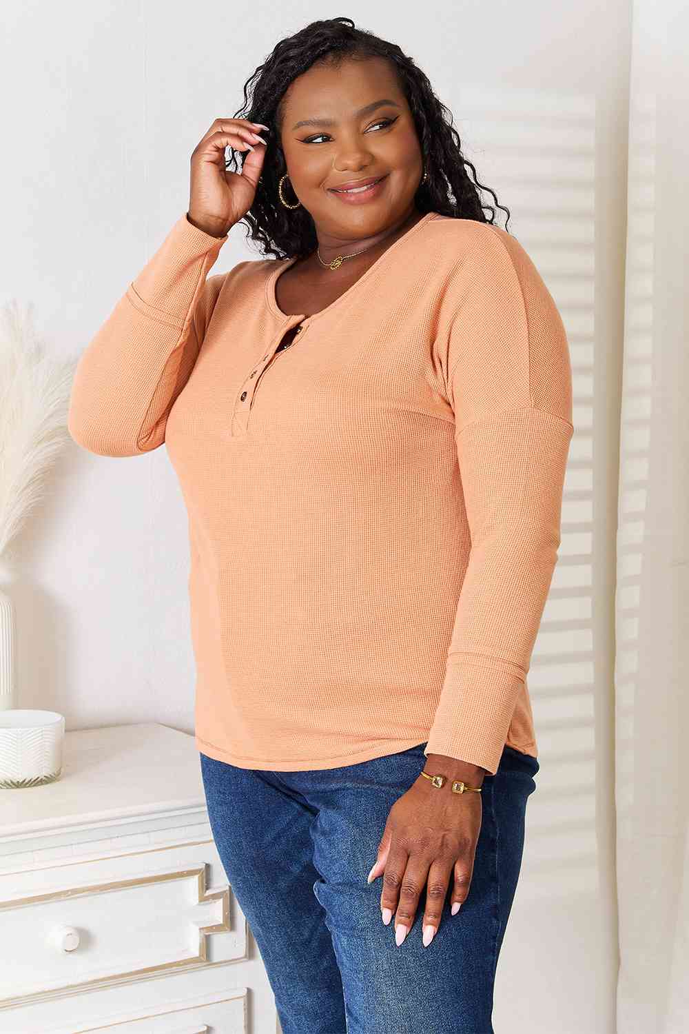 Basic Bae Half Button Long Sleeve Top BLUE ZONE PLANET