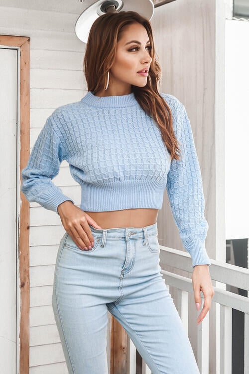 Round Neck Long Sleeve Cropped Sweater BLUE ZONE PLANET