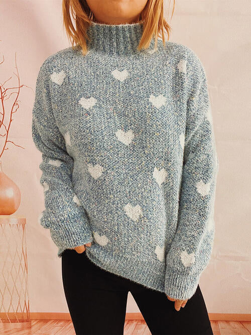 Blue Zone Planet | Heart Heathered Turtleneck Drop Shoulder Sweater BLUE ZONE PLANET