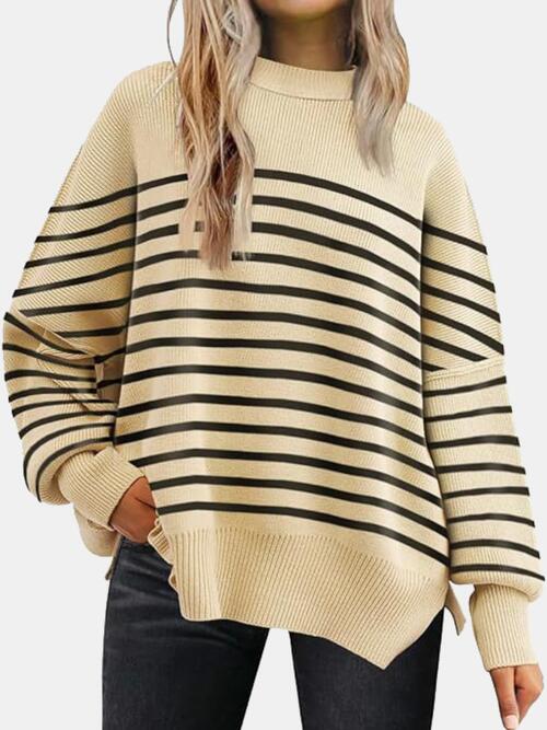 Round Neck Drop Shoulder Slit Sweater BLUE ZONE PLANET