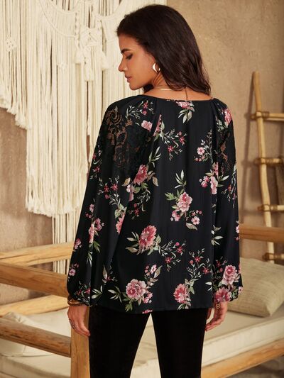 Blue Zone Planet | Flower Printed Tie Neck Long Sleeve Blouse BLUE ZONE PLANET