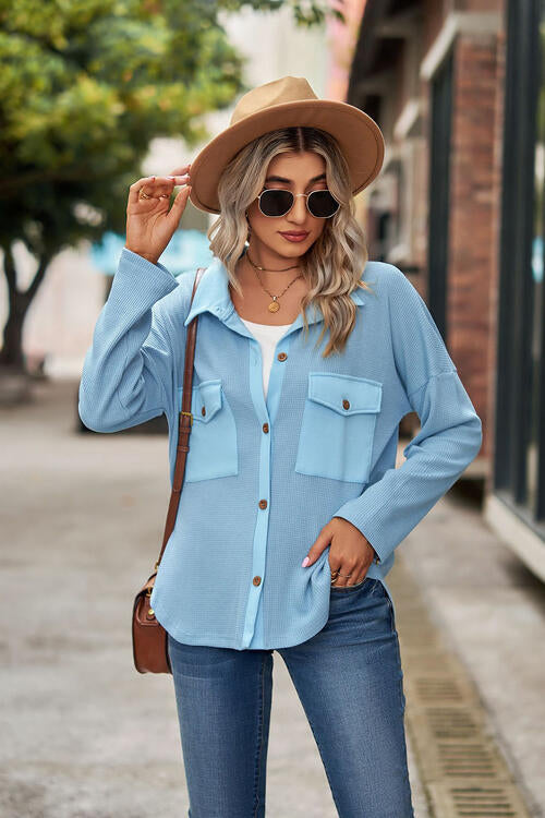 Button Up Collared Neck Long Sleeve Shirt BLUE ZONE PLANET