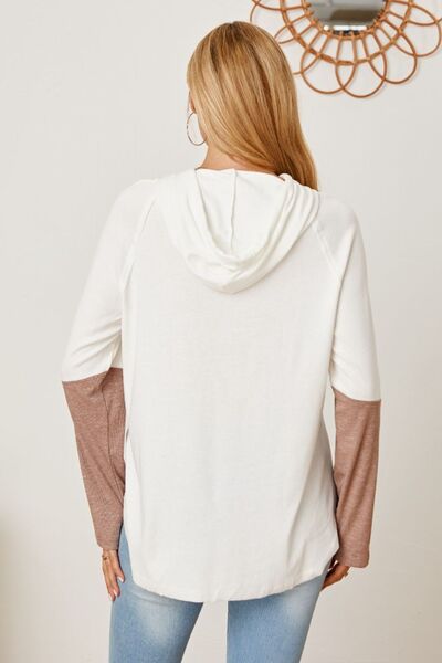 Color Block Drawstring Half Button Hoodie Trendsi