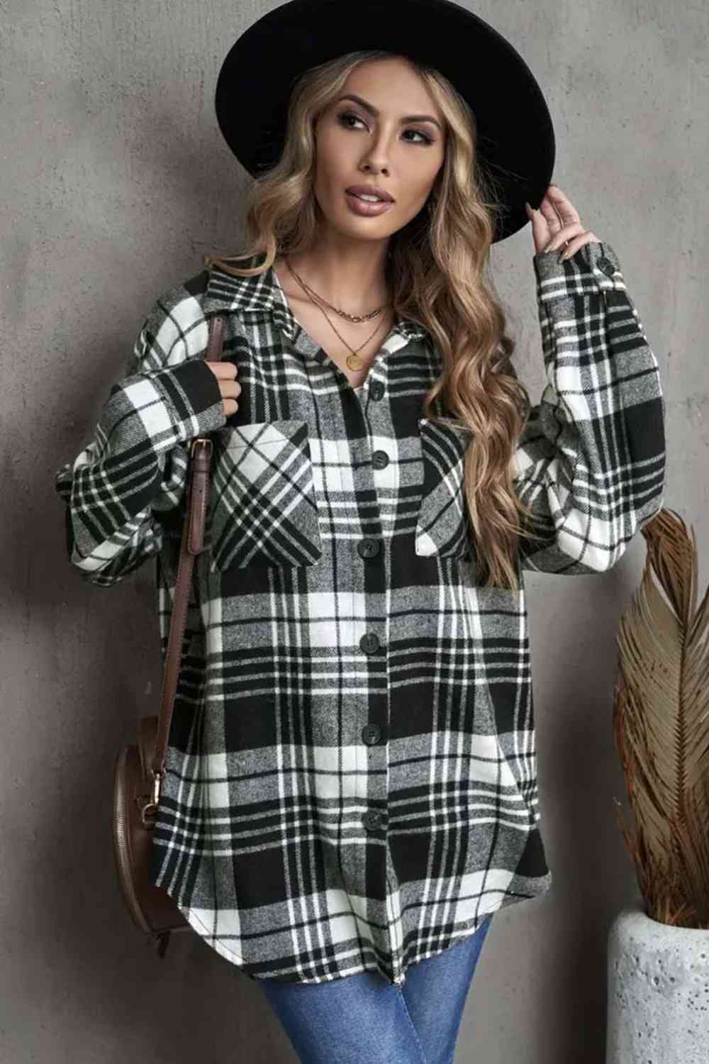 Plaid Collared Neck Button Up Jacket with Pockets BLUE ZONE PLANET