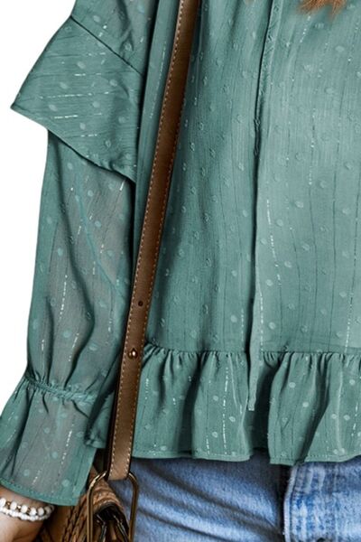 Swiss Dot Tie Neck Flounce Sleeve Blouse Trendsi