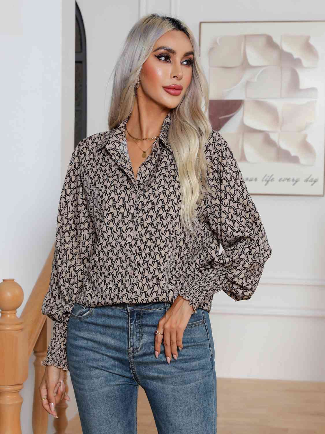 Printed Collared Neck Buttoned Dropped Shouder Shirt BLUE ZONE PLANET
