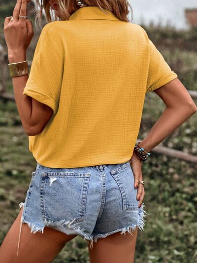 Blue Zone Planet | Drawstring Button Up Short Sleeve Blouse BLUE ZONE PLANET