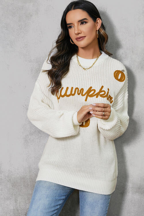 Pumpkin Embroidery Long Sleeve Sweater BLUE ZONE PLANET