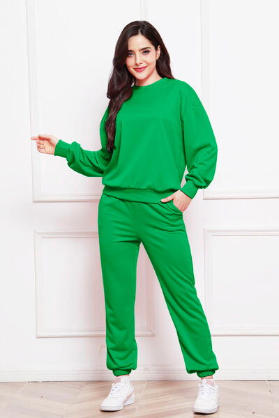 Blue Zone Planet | Round Neck Long Sleeve Sweatshirt and Pants Set BLUE ZONE PLANET