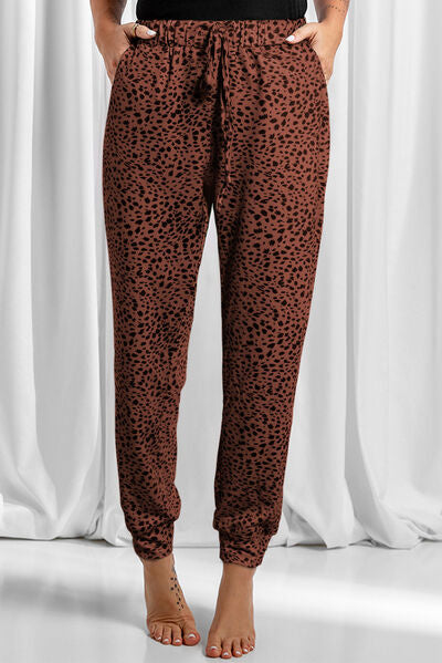 Blue Zone Planet | Full Size Leopard Drawstring Pocketed Pants BLUE ZONE PLANET