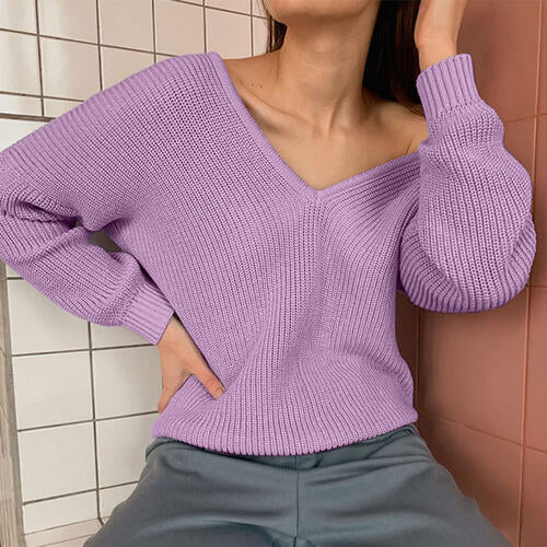 V-Neck Dropped Shoulder Long Sleeve Sweater BLUE ZONE PLANET