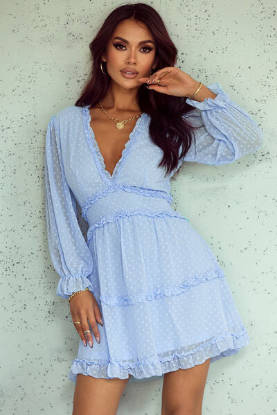 Blue Zone Planet | Swiss Dot Frill V-Neck Mini Dress BLUE ZONE PLANET