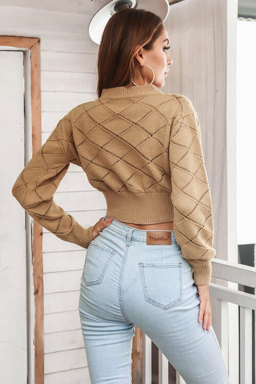 Openwork Plaid Round Neck Cropped Sweater BLUE ZONE PLANET