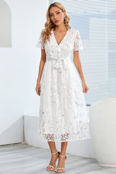 Blue Zone Planet |  Sequin Leaf Embroidery Tie Front Short Sleeve Dress BLUE ZONE PLANET