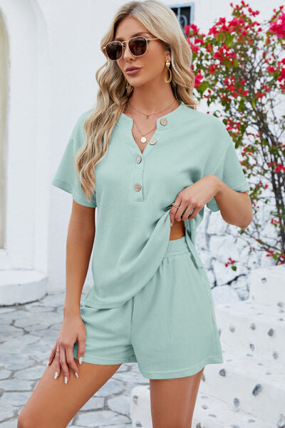 Blue Zone Planet | Notched Button Detail Dropped Shoulder Top and Shorts Set BLUE ZONE PLANET
