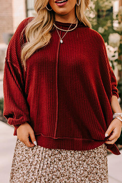 Plus Size Exposed Seam Waffle-Knit High-Low Sweatshirt BLUE ZONE PLANET