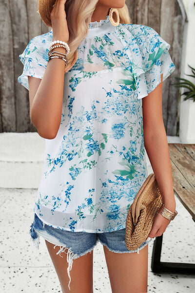 Printed Ruffled Mock Neck Blouse Trendsi