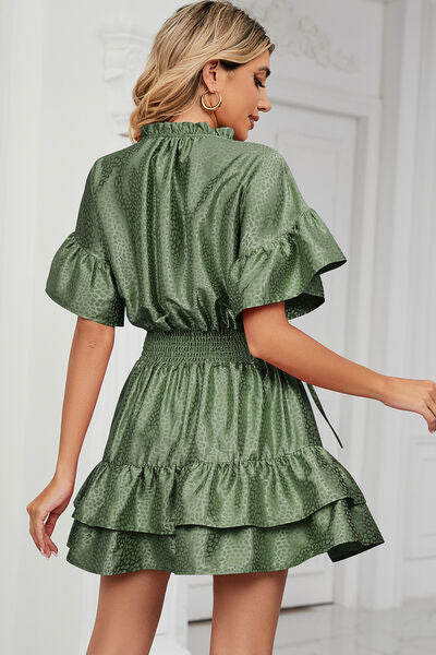 Smocked Tie Neck Flounce Sleeve Dress BLUE ZONE PLANET