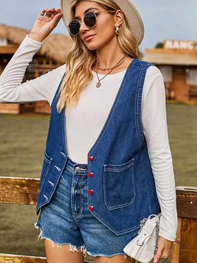 Pocketed Button Up Sleeveless Denim Jacket Trendsi