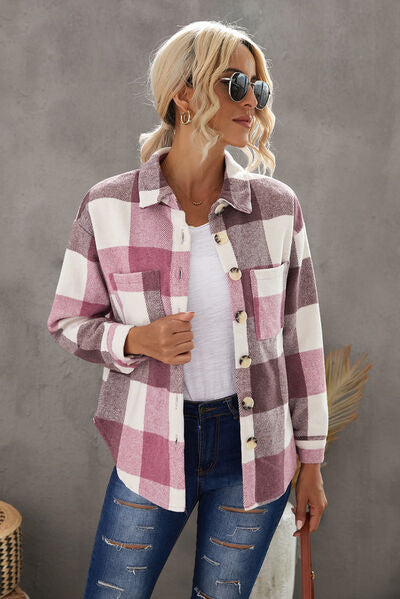 Blue Zone Planet | Plaid Button Up Dropped Shoulder Jacket BLUE ZONE PLANET