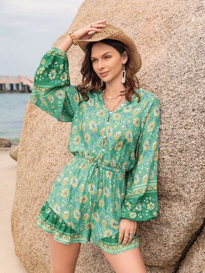 Blue Zone Planet | Printed Ruffled Balloon Sleeve Romper BLUE ZONE PLANET