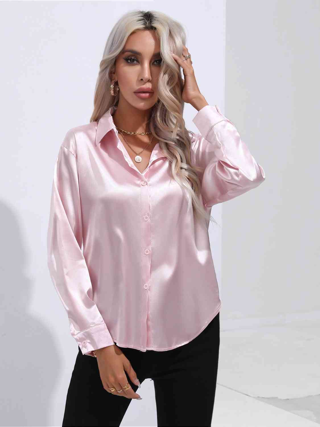 Collared Neck Buttoned Long Sleeve Shirt BLUE ZONE PLANET