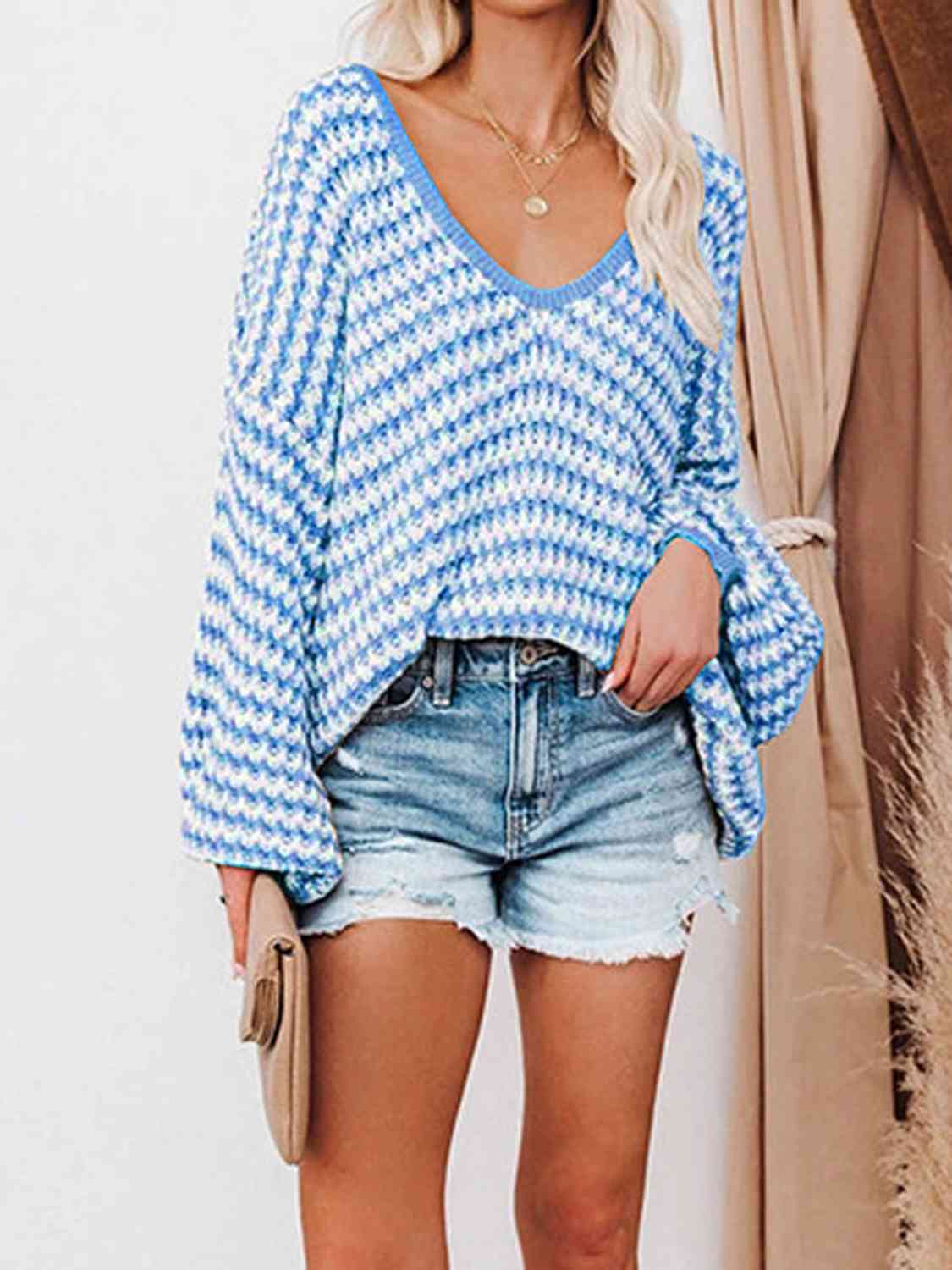 Striped Drop Shoulder V-Neck Sweater BLUE ZONE PLANET