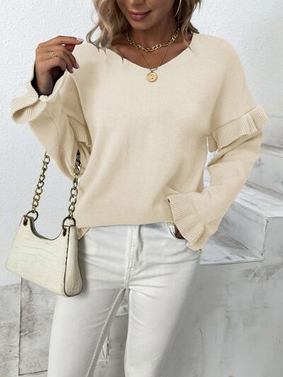 Blue Zone Planet | Ruffled V-Neck Dropped Shoulder Sweater BLUE ZONE PLANET