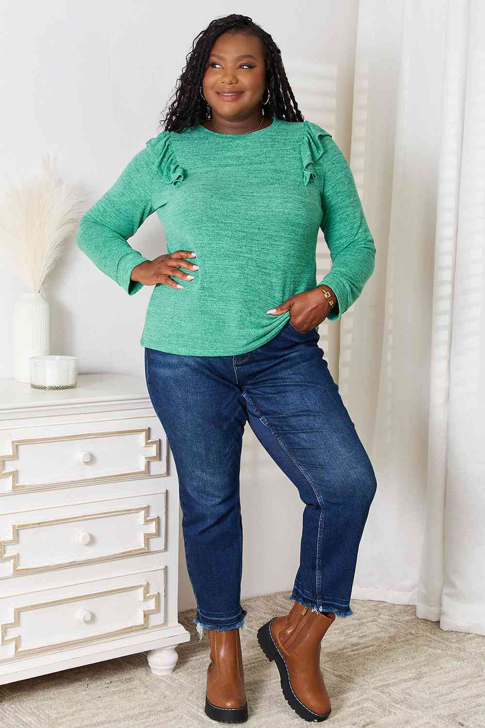 Double Take Ruffle Shoulder Long Sleeve T-Shirt BLUE ZONE PLANET