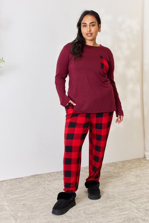 Zenana Full Size Plaid Round Neck Top and Pants Pajama Set BLUE ZONE PLANET