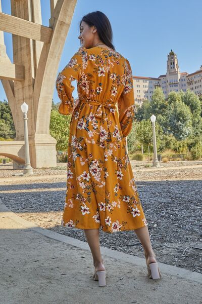 Double Take Full Size Floral Tie Back Flounce Sleeve Dress BLUE ZONE PLANET
