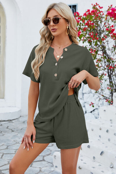 Blue Zone Planet | Notched Button Detail Dropped Shoulder Top and Shorts Set BLUE ZONE PLANET