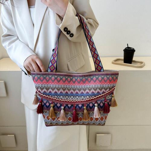 Printed Tassel Detail Tote Bag BLUE ZONE PLANET