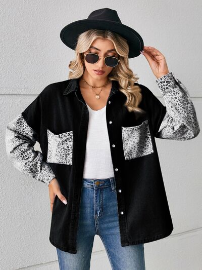 Leopard Button Up Denim Jacket BLUE ZONE PLANET
