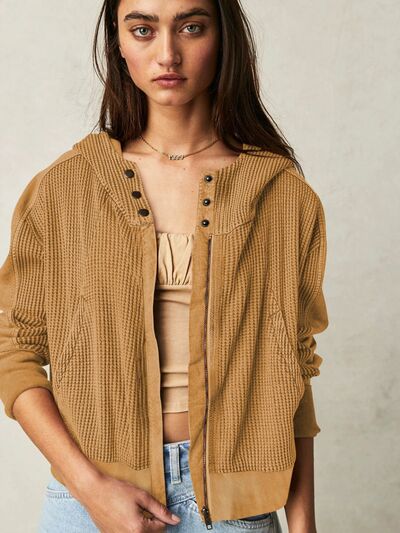 Blue Zone Planet | Waffle-Knit Dropped Shoulder Hooded Jacket BLUE ZONE PLANET