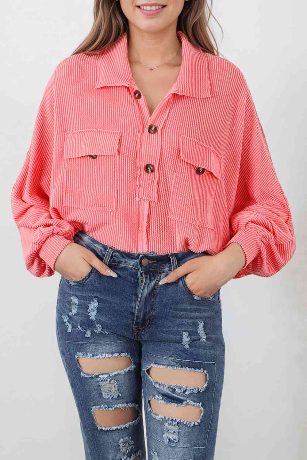 Buttoned Collared Neck Long Sleeve Top BLUE ZONE PLANET