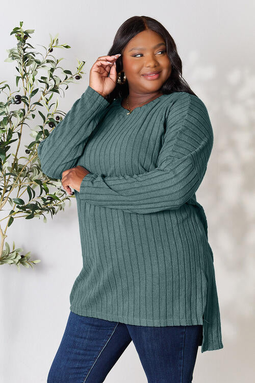 Basic Bae Full Size Ribbed Round Neck Long Sleeve Slit Top BLUE ZONE PLANET