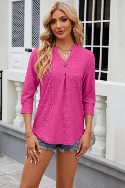 Blue Zone Planet | Eyelet Notched Knit Jacquard Top BLUE ZONE PLANET