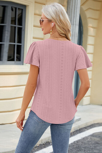 Blue Zone Planet | Eyelet Square Neck Short Sleeve T-Shirt BLUE ZONE PLANET