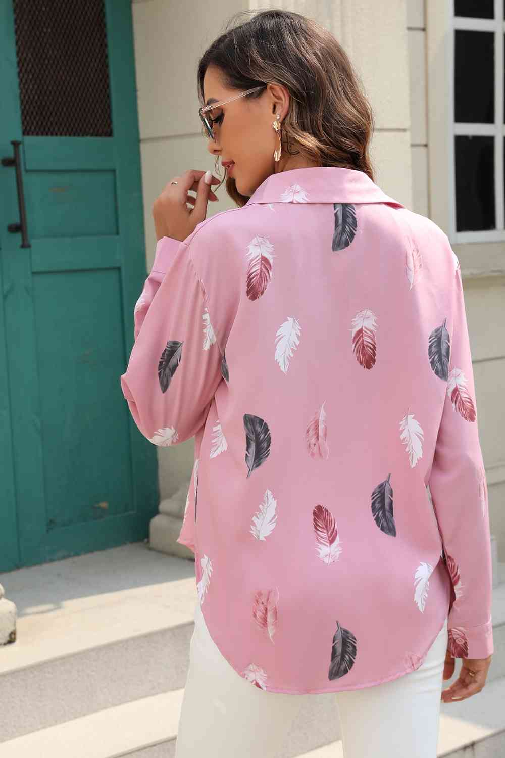 Printed Collared Neck Buttoned Shirt BLUE ZONE PLANET