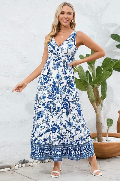 Printed V-Neck Wide Strap Dress BLUE ZONE PLANET