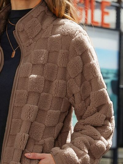 Blue Zone Planet | Fuzzy Checkered Zip Up Jacket BLUE ZONE PLANET