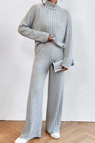 Blue Zone Planet | Mock Neck Dropped Shoulder Top and Pants Set BLUE ZONE PLANET