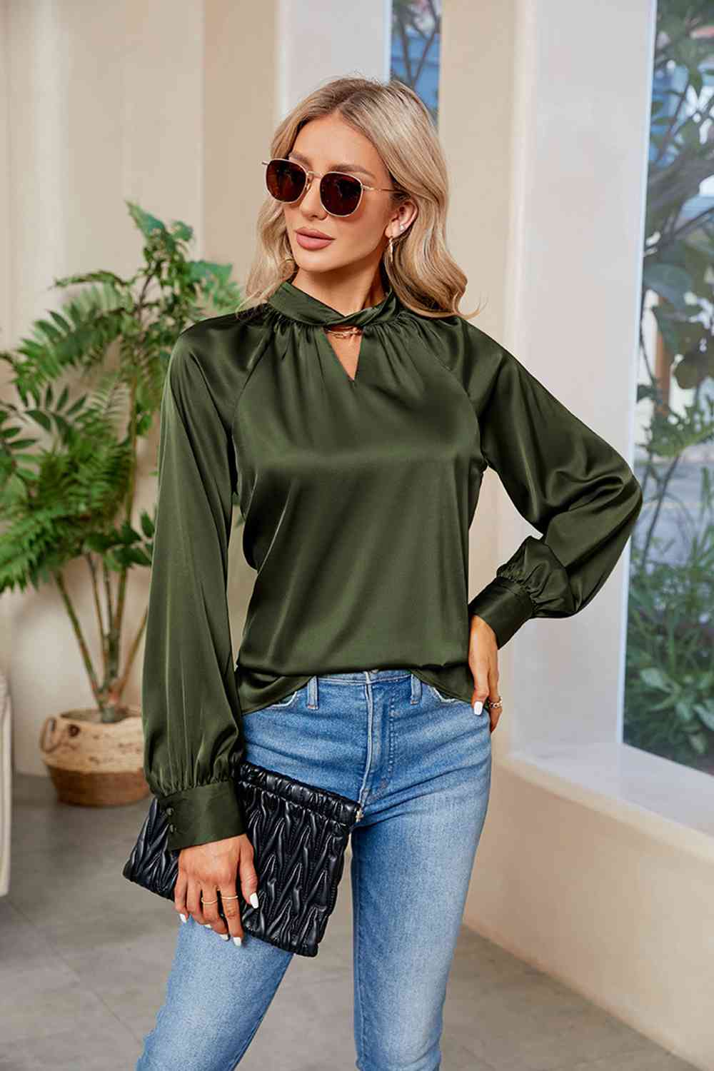 Cutout Mock Neck Long Sleeve Top BLUE ZONE PLANET