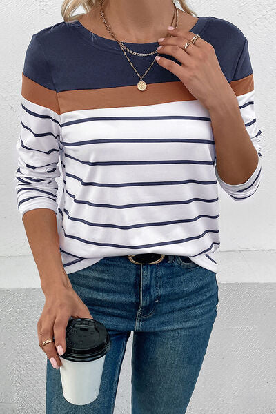 Blue Zone Planet | Striped Round Neck Long Sleeve T-Shirt BLUE ZONE PLANET