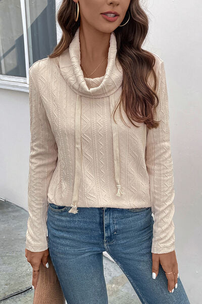 Tied Mock Neck Long Sleeve Knit Top BLUE ZONE PLANET